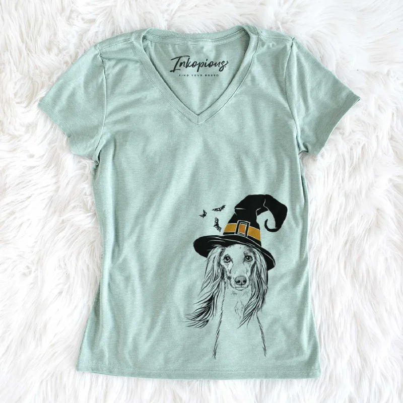 Witch Zahra the Saluki - Women's V-neck Shirt-- Plaid T-Shirt Polka Dot Checkered