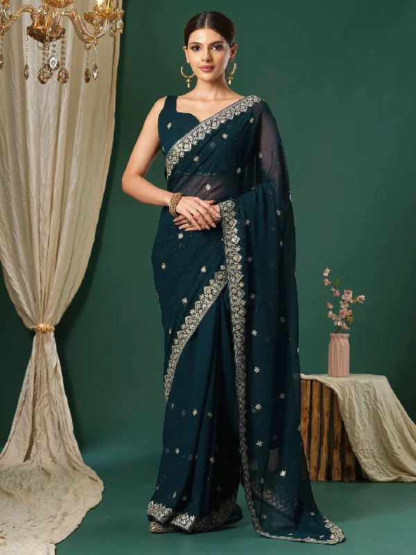 Women's Georgette Teal blue Embroidered Designer Saree With Blouse Piece Casual Relaxed Blouse