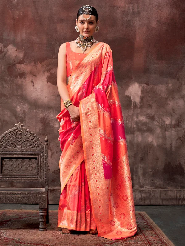 Women's Silk Blend Orange Woven Design Designer Saree With Blouse Piece Sleeveless Chiffon Blouse