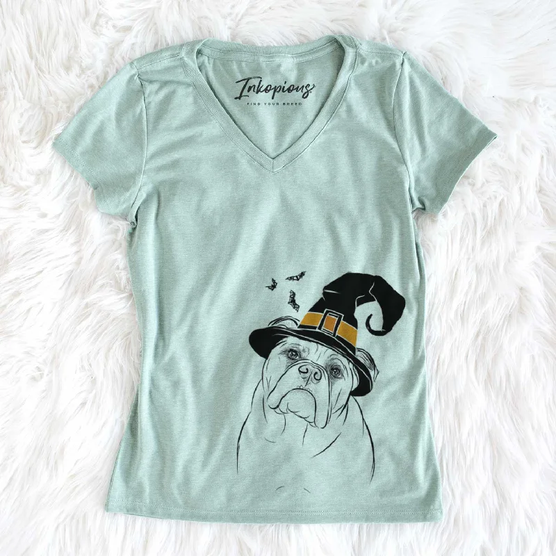 Witch Sir Louis the English Bulldog - Women's V-neck Shirt-- Rayon Fabric Velvet Fabric Corduroy Fabric
