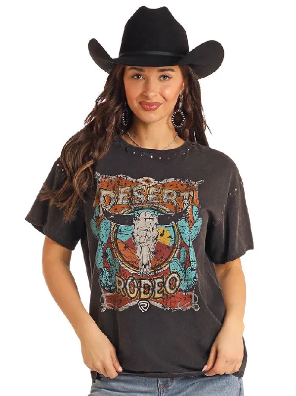 Rock & Roll Denim BW21T05421 Womens Studded Desert Rodeo Oversized T-Shirt Black-- Fashionable Trendy Casual