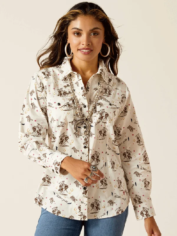 Ariat 10051277 Womens Thrills N Spills Shirt Thrilling Print Cream-- Ribbed Striped Patterned