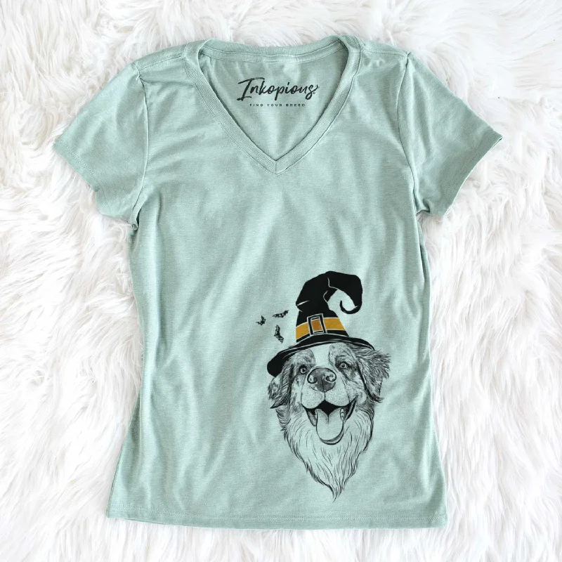 Witch Mila the Australian Shepherd - Women's V-neck Shirt-- Striped Floral Plaid