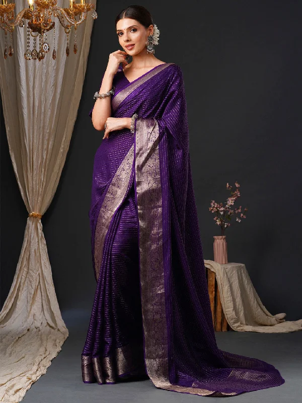Women's Viscose Purple Woven Design Designer Saree With Blouse Piece Business Casual Blouse