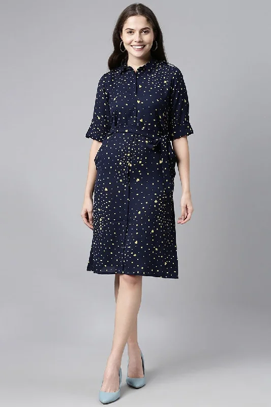Ahika Navy Blue Georgette Dot Printed Straight Mini Dress Elegant Satin Mini Dress