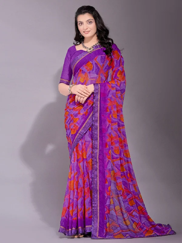 Women's Chiffon Purple Printed Designer Saree With Blouse Piece Flowy Bohemian Blouse Women's Chiffon Purple Printed Designer Saree With Blouse Piece Flowy Bohemian Blouse