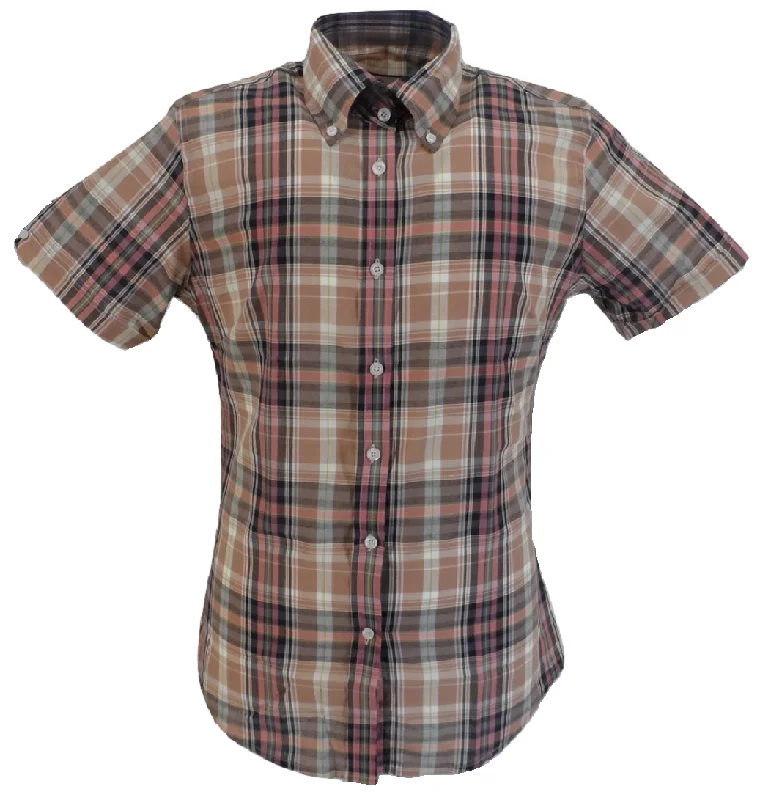Real Hoxton Ladies Purple Checked Button Down Short Sleeved Shirts-- Polka Dot Checkered Tartan