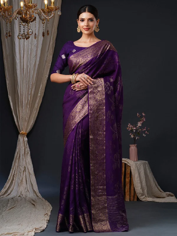 Women's Viscose Purple Woven Design Designer Saree With Blouse Piece Casual Relaxed Fit Blouse