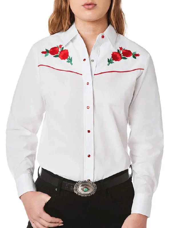 Ely Cattleman 15303801-06 Womens Red Rose Embroidery Long Sleeve Western Shirt White-- Chenille Brocade Lace Ely Cattleman 15303801-06 Womens Red Rose Embroidery Long Sleeve Western Shirt White-- Chenille Brocade Lace