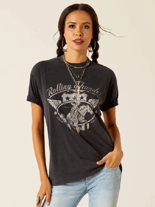 Ariat 10051274 Womens Rolling Thunder T-Shirt Black Acid Wash-- Zippered Front Buttoned Front Snap Front