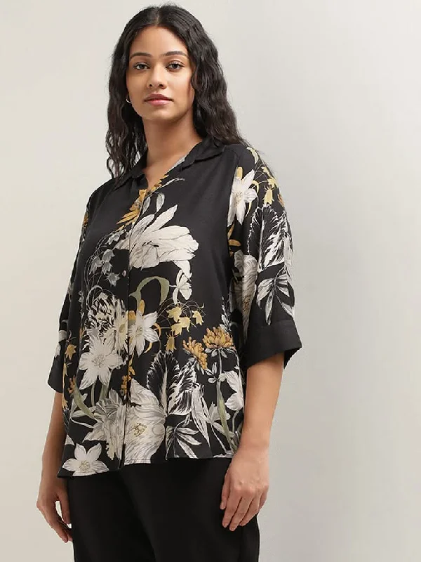 Gia Black Floral Printed Shirt-- Hooded Caped Shawl Collar
