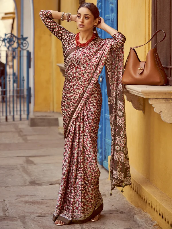 Women's Crepe Brown Printed Designer Saree With Blouse Piece Ruched Sleeve Blouse