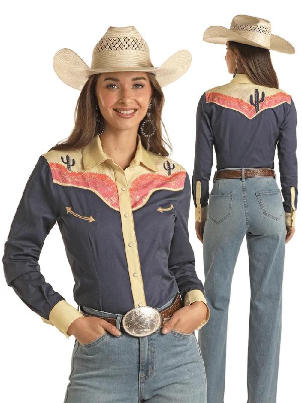 Panhandle LWN2S03459 Womens Cactus Sunset Long Sleeve Retro Shirt Navy-- Sequined Glittery Shiny