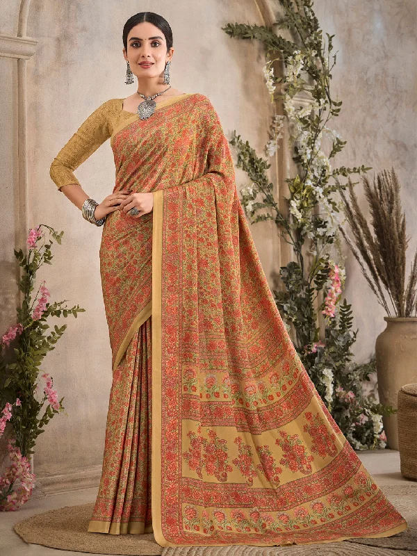 Women's Crepe Beige Printed Designer Saree With Blouse Piece Casual Relaxed Fit Blouse