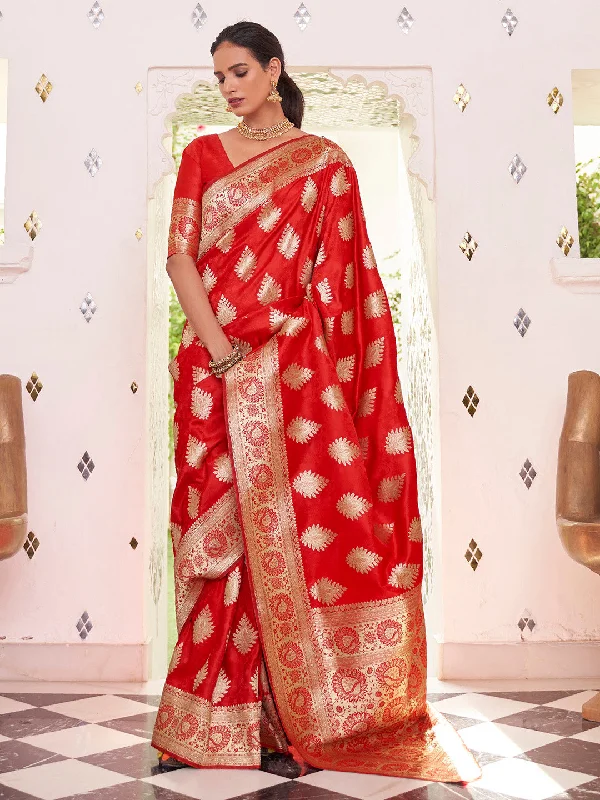 Women's Satin Silk Red Woven Design Designer Saree With Blouse Piece Floral Chiffon Blouse