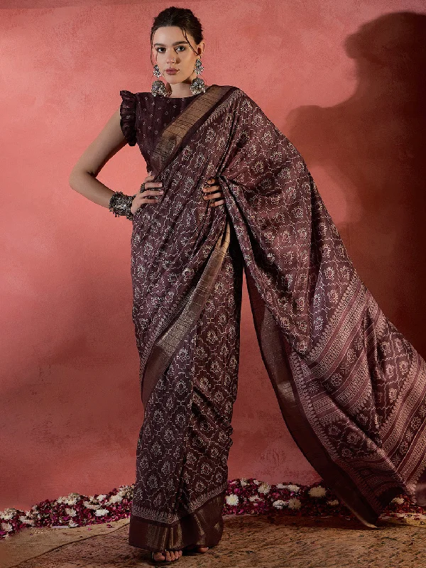 Women's Silk Blend Brown Printed Designer Saree With Blouse Piece Casual Stripe Blouse