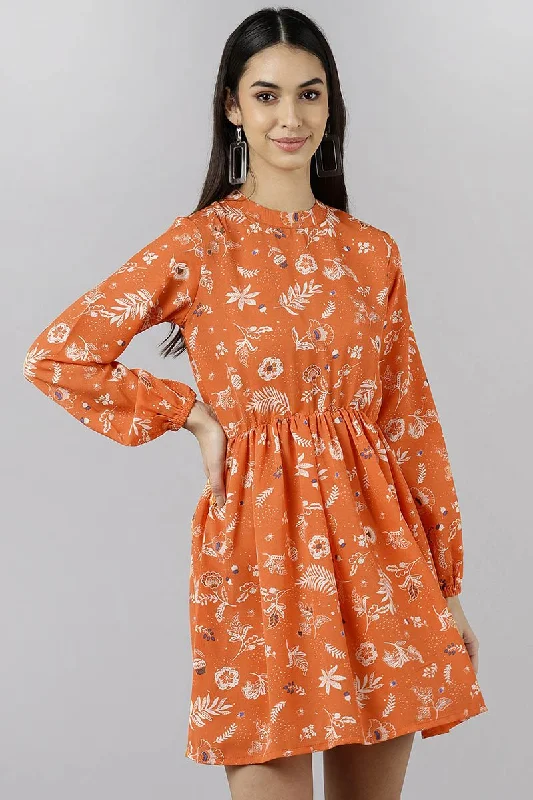 Ahika Orange Polyester Floral Printed Mini Dress Fashionable Denim Mini Dress