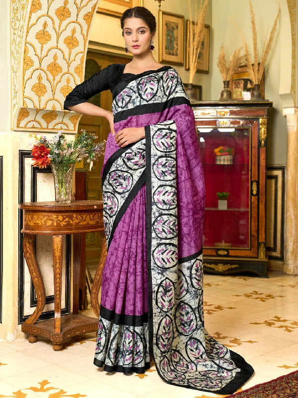 Women's Bhagalpuri Silk Black Printed Designer Saree With Blouse Piece Modern Oversized Blouse