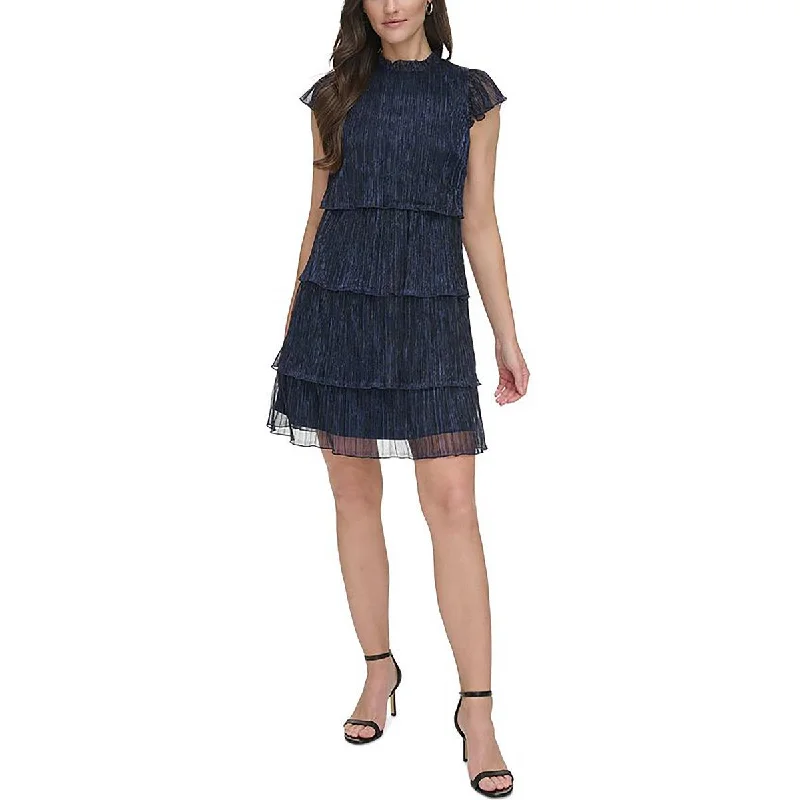 Womens Metallic Above Knee Mini Dress Comfortable Ruffle Mini Dress