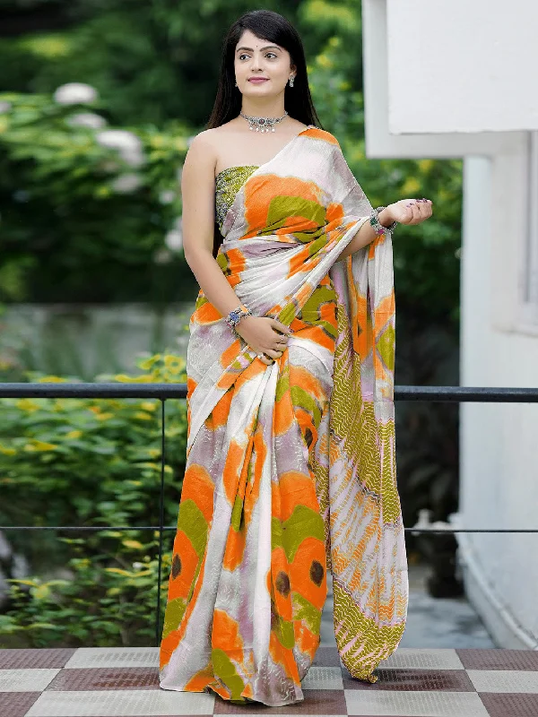 Women's Cotton Olive Printed Designer Saree With Blouse Piece Classic Striped Blouse