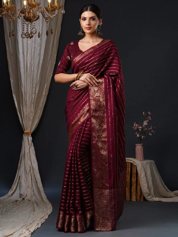 Women's Viscose Burgundy Woven Design Designer Saree With Blouse Piece Modern Work Blouse