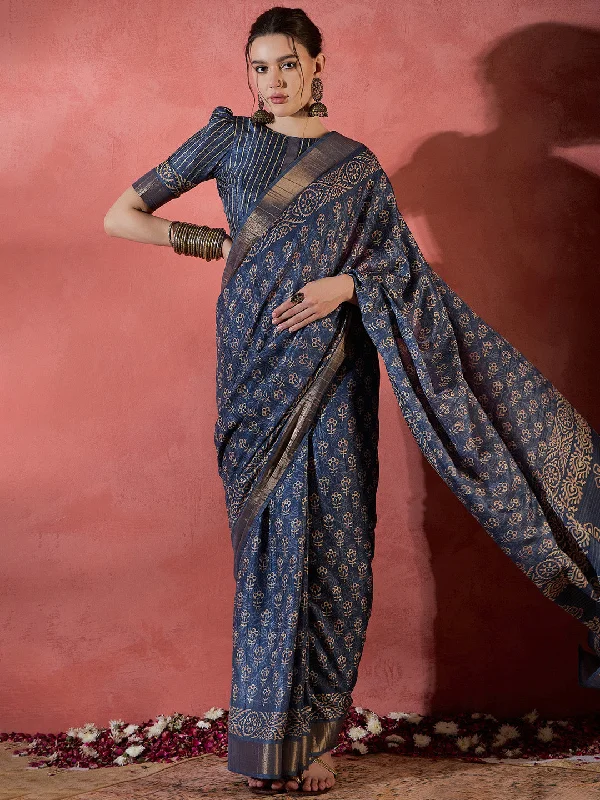 Women's Silk Blend Navy Blue Printed Designer Saree With Blouse Piece Feminine Ruffle Blouse
