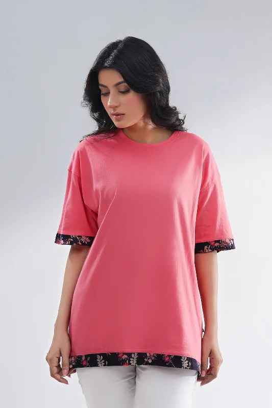 Women Relax Fit T-Shirt With Printed Woven Trims-- Fitted T-Shirt Seamless Stretchy