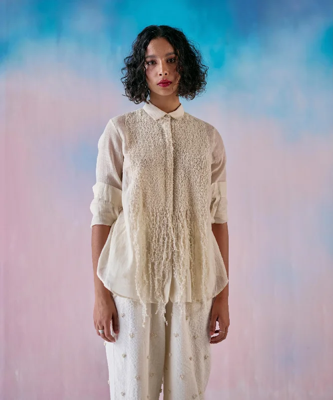 Off White Chanderi Moss Emb Yoke Fringe Shirt-- Satin Blend Silk Blend Wool Blend