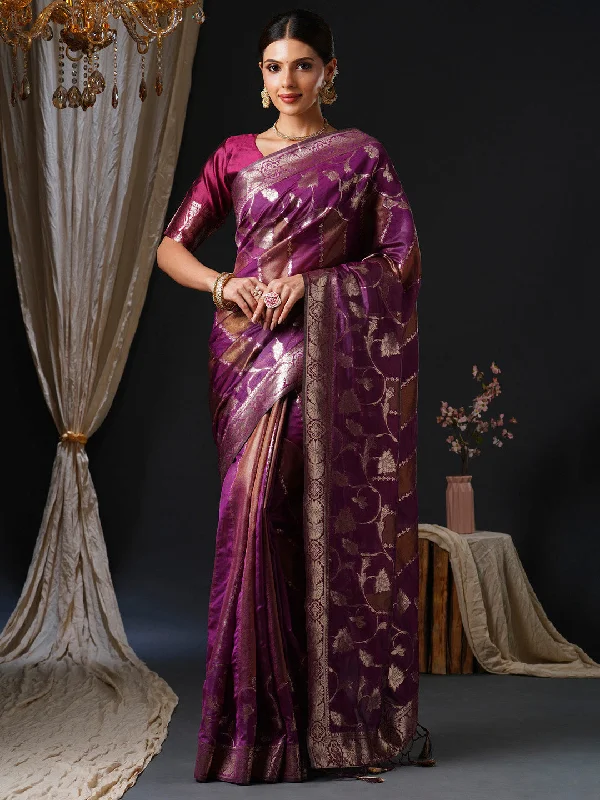 Women's Organza Pink Woven Design Designer Saree With Blouse Piece Feminine Satin Blouse