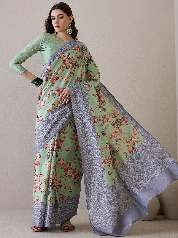 Women's Silk Blend Light Green Printed Designer Saree With Blouse Piece Casual Button Blouse