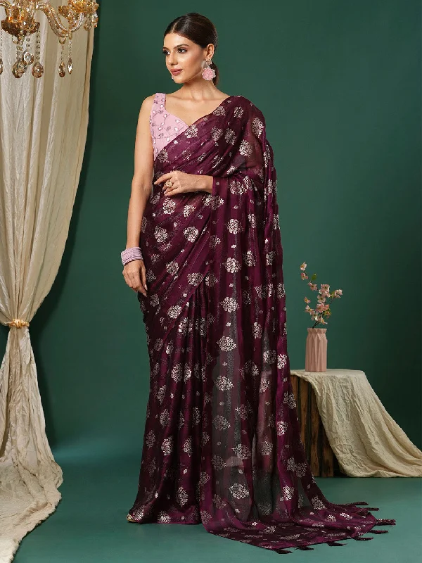 Women's Chiffon Pink Printed Designer Saree With Blouse Piece Elegant Peplum Blouse