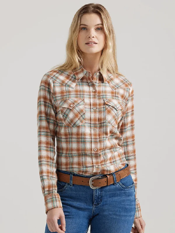 Wrangler 112356675 Womens Essential Plaid Western Shirt Pumpkin Moss-- Polka Dot Checkered Tartan