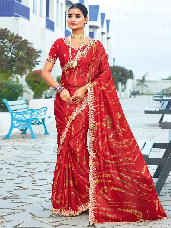Women's Chiffon Red Embellished Designer Saree With Blouse Piece Lightweight Floral Blouse