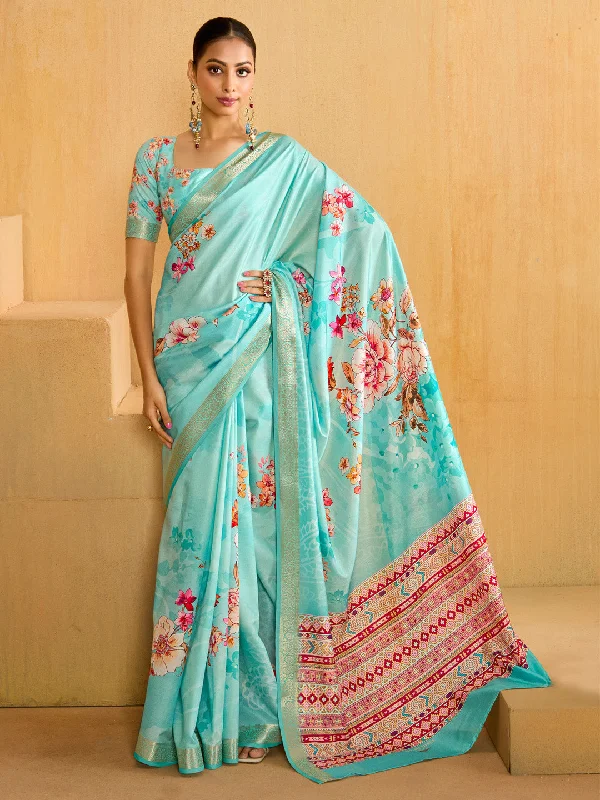 Women's Tussar Silk Light Blue Woven Design Designer Saree With Blouse Piece Flowy Bohemian Blouse