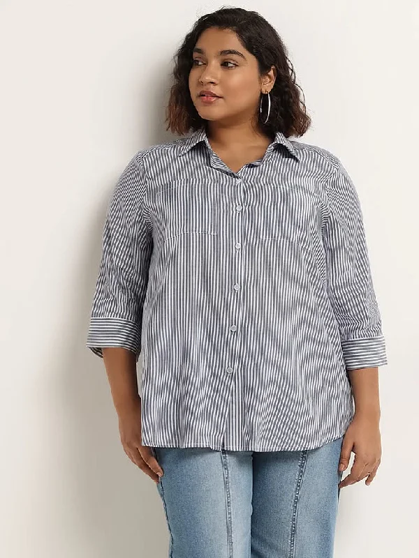 Gia Navy Striped Shirt-- Graphic Embroidered Appliqued