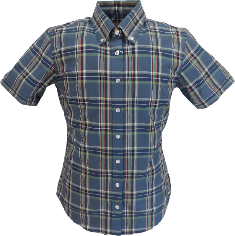 Relco Ladies Retro Grey Check Button Down Short Sleeved Shirts-- Fitted T-Shirt Seamless Stretchy
