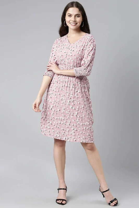 Ahika Mauve Crepe Floral Print Mini Dress Trendy Off-Shoulder Dress Mini