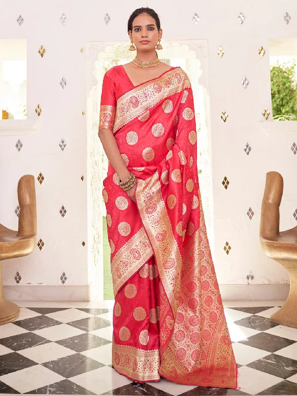 Women's Satin Silk Pink Woven Design Designer Saree With Blouse Piece Modern Oversized Blouse