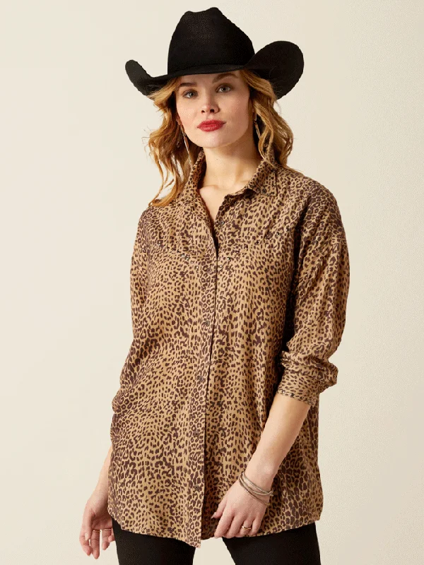 Ariat 10053973 Womens Relaxed Leopard Shirt Mole Leopard Print-- Terry Blend Velvet Blend Canvas Blend