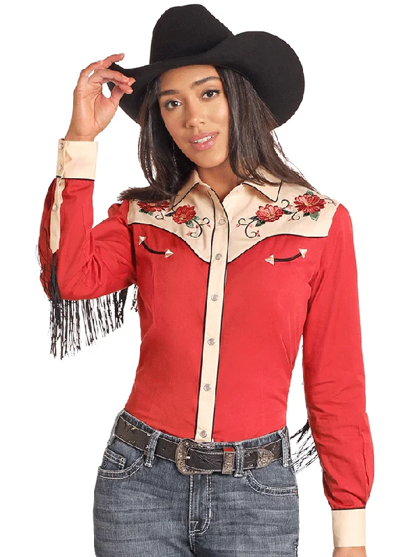 Panhandle LWN2S04681 Womens Embroidered Retro Snap Shirt Rust-- Terry Blend Velvet Blend Canvas Blend