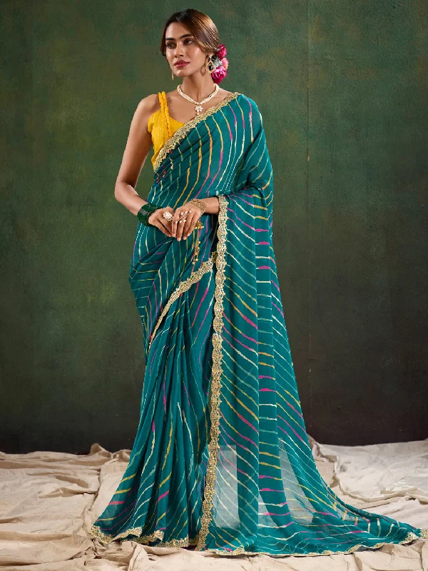 Women's Pure Chiffon Yellow Embellished Designer Saree With Blouse Piece Double Button Blouse