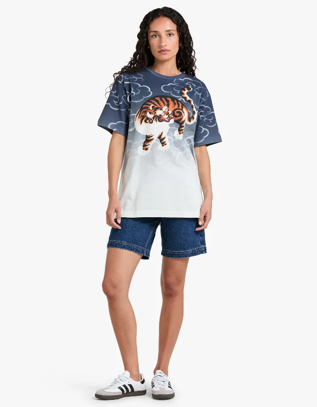 Cloud Tiger Oversized T-Shirt - Blue-- Lace Blend Ribbed Blend Corduroy Blend