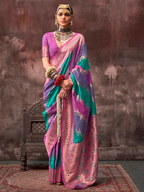 Women's Silk Blend Pink Woven Design Designer Saree With Blouse Piece Boho Chic Blouse