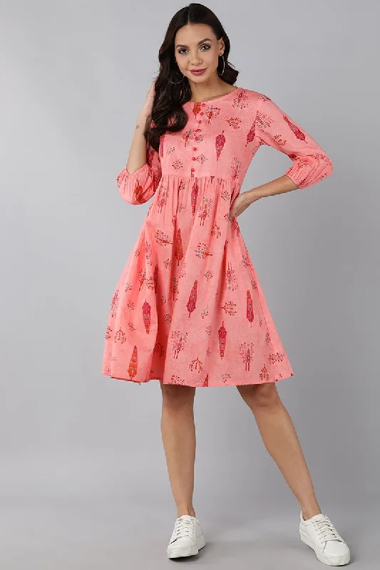 Ahika Pink Cotton Abstract Print Mini Dress Stylish Ribbed Mini Dress
