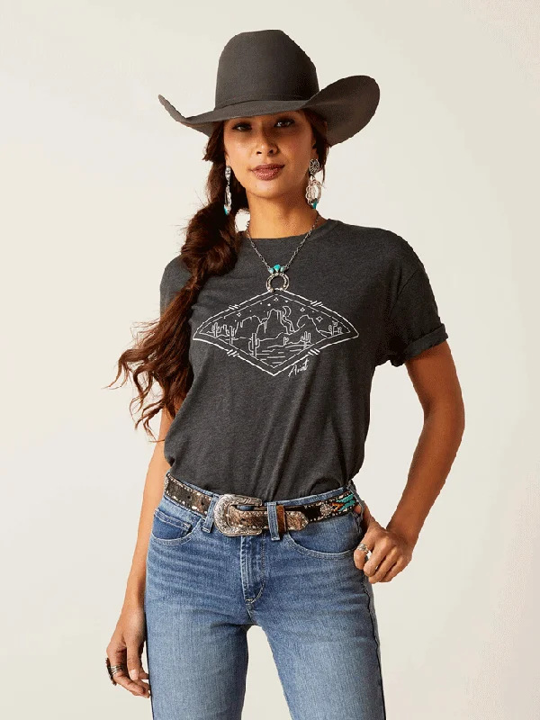 Ariat 10047639 Womens Desert Diamond T-Shirt Charcoal Heather-- Striped Floral Plaid