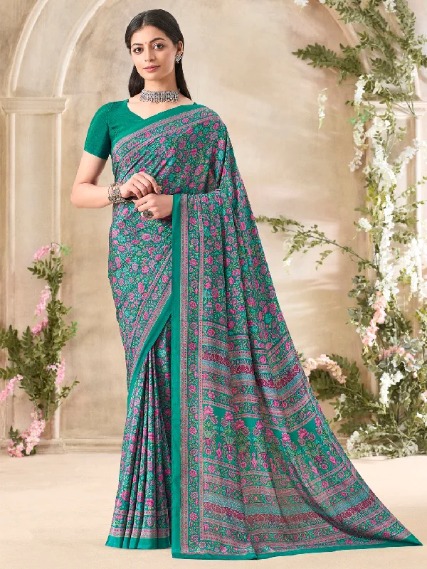 Women's Crepe Green Printed Designer Saree With Blouse Piece Satin Long Blouse
