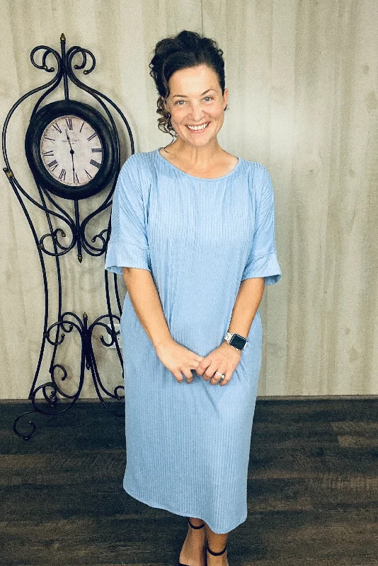 Ribbed T-Shirt Dress-Blue-- Denim Fabric Leather Fabric Suede Fabric