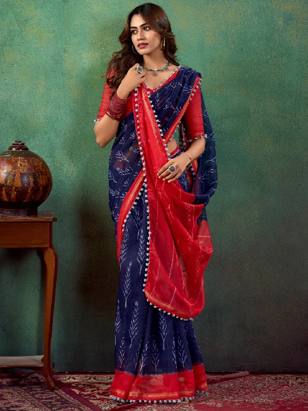 Women's cotton Red Embellished Designer Saree With Blouse Piece Collared Satin Blouse