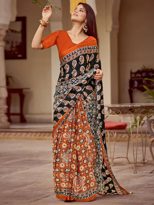Women's Crepe Orange Printed Designer Saree With Blouse Piece Romantic Lace Blouse
