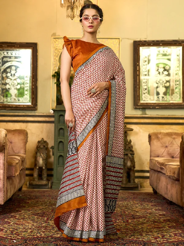 Women's Bhagalpuri Silk Camel Brown Printed Designer Saree With Blouse Piece Stretchy Fitted Blouse